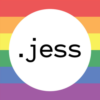 Logo with the text “.jess” in black on a white circle, set against a rainbow-striped background.